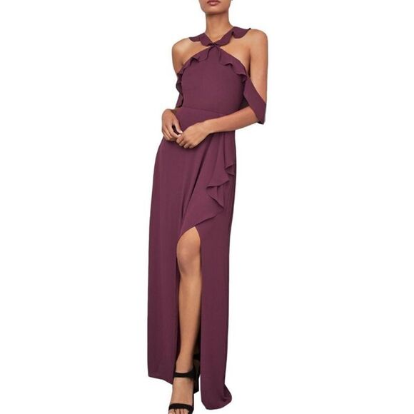 BCBGMAXAZRIA Sleeveless Cold-Shoulder Ruffle-Trimmed Maxi Dress Burgundy 10 - Picture 1 of 5